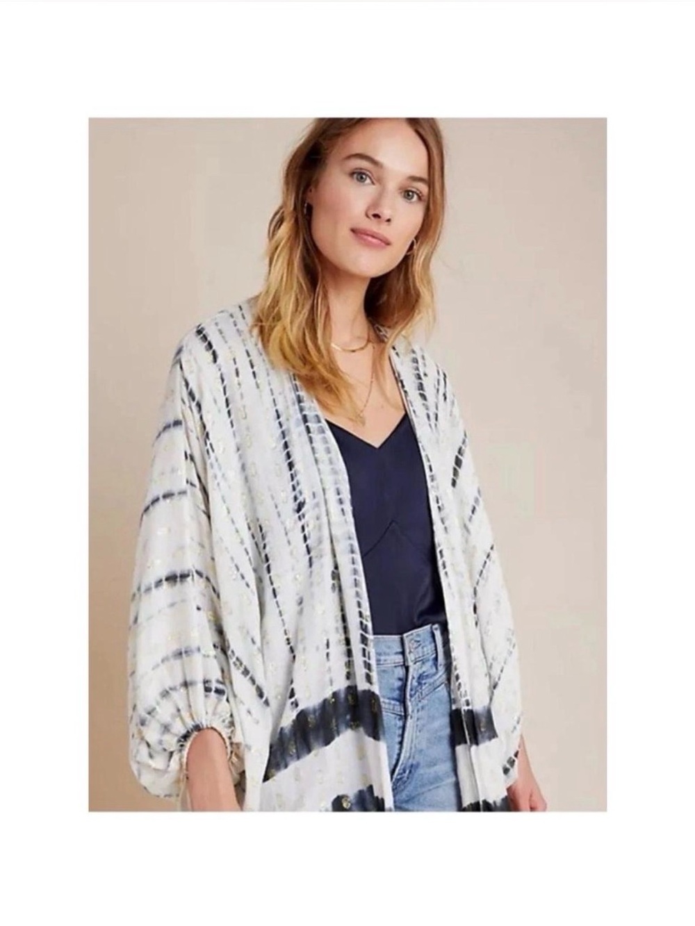 Anthropology LightweightWhite & Navy Tie-Dye Open Front Women's Cardigan